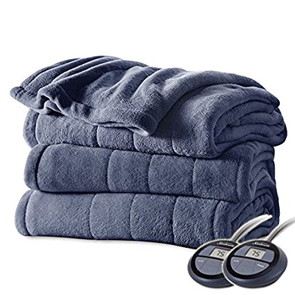 Sunbeam Channeled Velvet Plush Electric Heated Blanket Queen Lagoon Blue