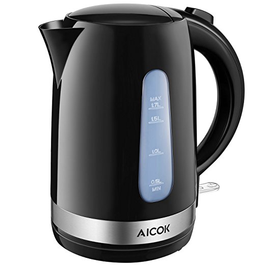 Aicok Electric Kettle, Fast Water Boiler, Visible Indicator Window with Cool Touch Handle and Cordless, Hinged Lid with Large Opening, Auto Shut-off & BPA-Free 1.7L, 1500W, Black