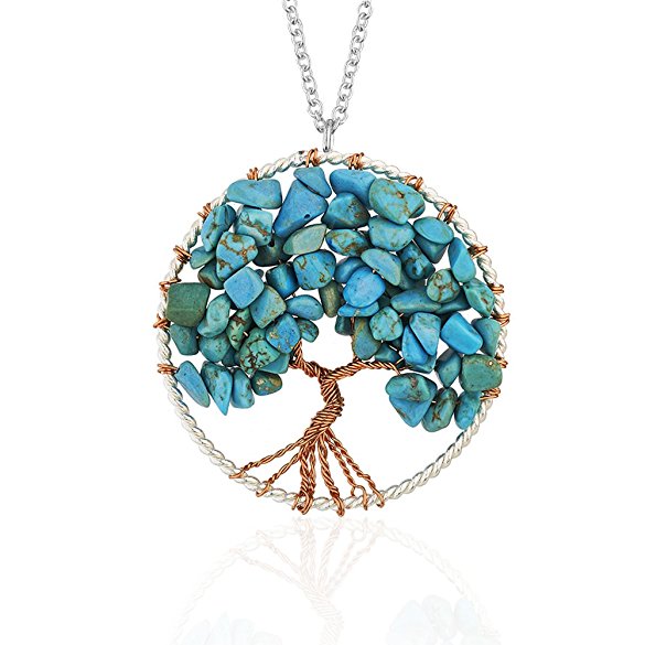 Tree of Life Gemstone Statement Necklace, Long Opera Length Pendant Jewelry