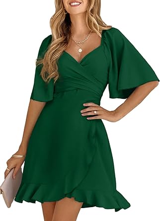 Dokotoo Women's Wrap V Neck Short Flared Sleeve Wedding Guest Dress Smocked Elastic Waist Tiered Belted Ruffle Hem Mini Dress