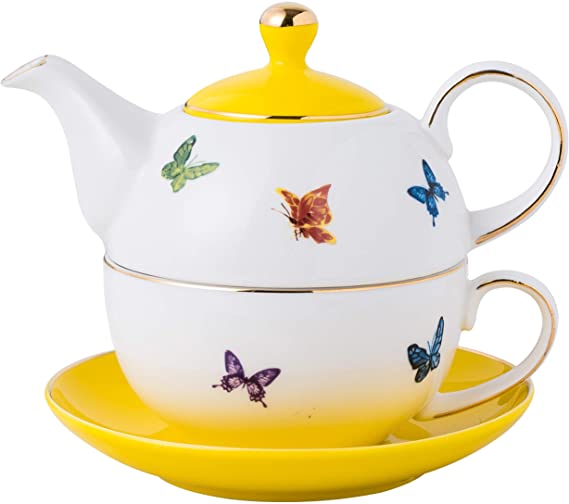 Jusalpha Butterfly Garden Teapot-Tea cup-Saucer Set, Tea-for-One set #06
