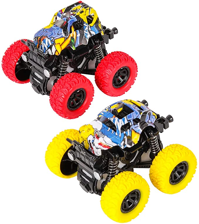 m zimoon Pull Back Car Toy Monster Truck Friction Powered Race Cars 360 Degree Rotating Inertial Off Road Trucks for Boys Girls(2pcs, Yellow Red)