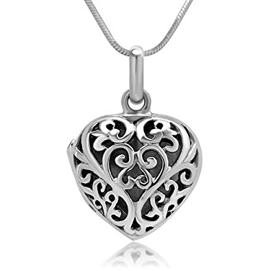 Chuvora 925 Sterling Silver Filigree Heart Shaped Designer Locket Pendant Necklace, 18 inches