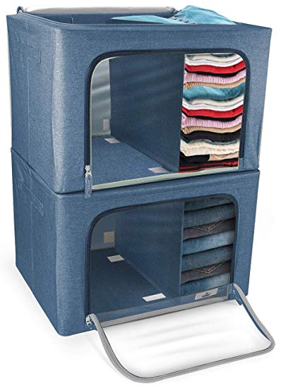 Sorbus Storage Bins with Divided Interior, Foldable Stackable Container Organizer Set with Large Window & Carry Handles, Bedroom Closet Organization for Bedding, Linen, Clothes (Two Section - Blue)