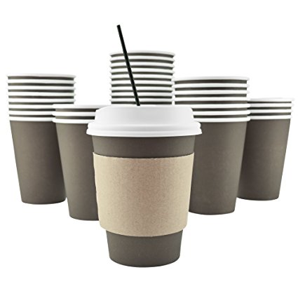 100 Pack - 12 Oz Disposable Hot Paper Coffee Cups, Lids, Sleeves, Stirring Straws To Go