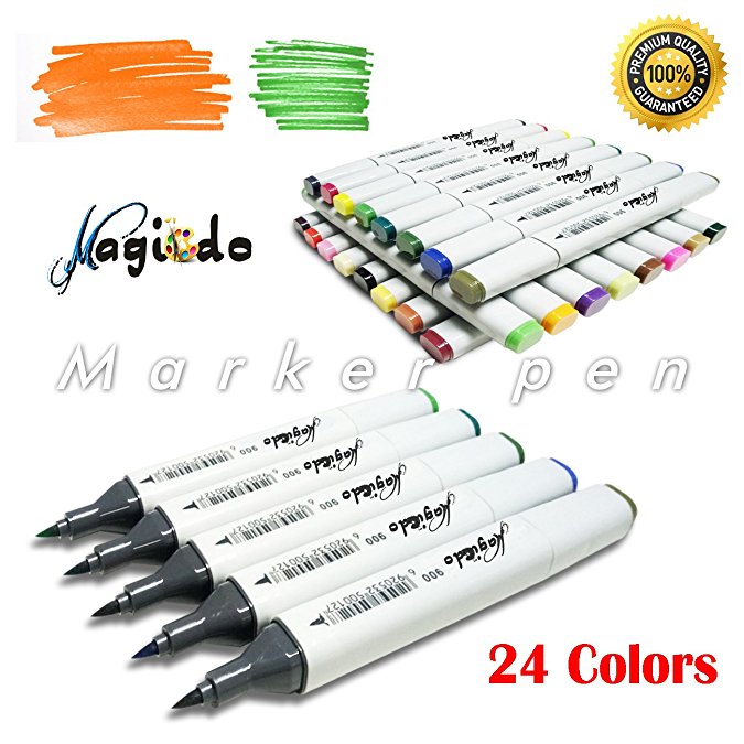 Magicdo 24 Colors Alcohol Markers, Colorful Washable Marker Pen Set, Dual Tip Markers, Broad Line& Brush Tip Art Makers For Coloring(24 Cols*2 Tips)