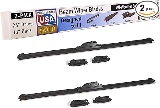 WiperBladesUSA Gold 26" & 18" (Set of 2) Beam Wiper Blades High Performance Automotive Replacement Windshield Wipers For My Car, Easy DIY Install & Multiple Arm Types