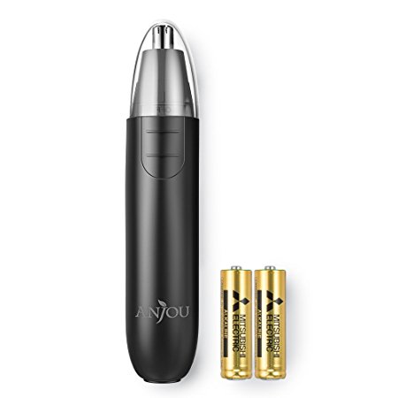 Anjou Electric Nose Hair Trimmer with 2 Free Batteries Build-in Stainless Steel Dual-edge Blades and LED Light for Men and Women Hair Groomer (Black)