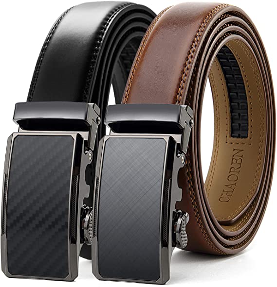 Chaoren Leather Ratchet Belt 2 Pack Dress with Click Sliding Buckle 1 1/8" in Gift Set Box - Adjustable Trim to Fit