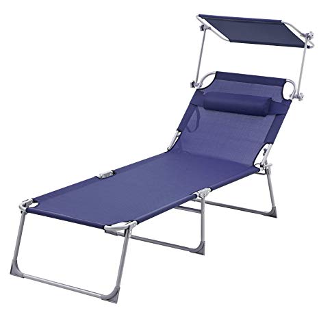 SONGMICS Large Sun Lounger, with Pillow and Sunshade, 250 kg Load, 210 x 73 x 35 cm GCB22BU