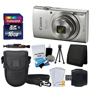 Canon PowerShot ELPH 180 Digital Camera (Silver)   Transcend 16GB Memory Card   Point & Shoot Camera Case   USB Card Reader   LCD Screen Protectors   Memory Card Wallet   Cleaning Pen   Accessory Kit