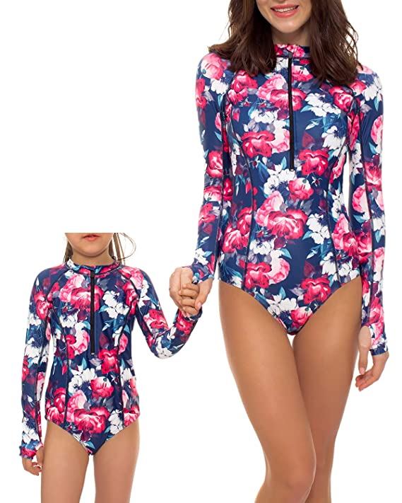 YOLIPULI Mother and Daughter Long Sleeve Zip Rashguard UV-Protection Surfing-Suit Swimwear : Print Family Matching Swimsuit