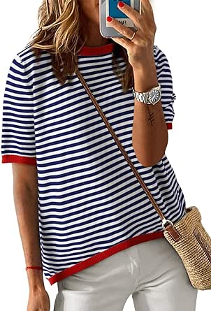 Dokotoo Womens Summer Tops Casual Crewneck Short Sleeve Striped Color Block Knitted High Low Trendy Pullover T Shirts Blouse