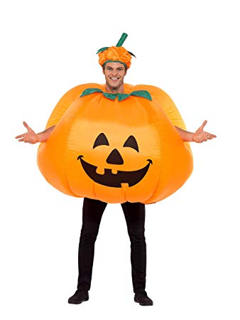 Smiffys Adult men's Pumpkin Costume, Inflatable with Built in Fan, Bodysuit and Hat, Halloween, One Size, 28694