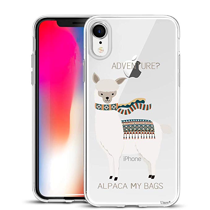 Unov Case Clear with Design Slim Protective Soft TPU Bumper Embossed Pattern [Support Wireless Charging] Cover for iPhone XR 6.1 Inch(Alpaca Bags)
