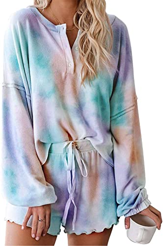 Kikibell Womens Tie Dye Printed Ruffle Short Pajamas Set Sleeveless Tops and Shorts PJ Set Loungewear Nightwear Sleepwear