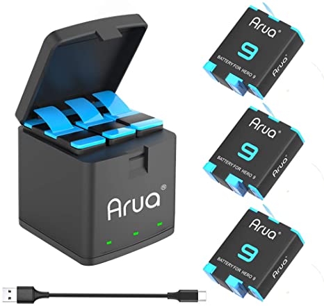 Arua Gopro Hero 9/10 Battery 3-Pack (1800mAh) and 3-Channel USB LED Storage Charger for GoPro Hero 9 Black, Hero 10 Black(Fully Compatible with GoPro Hero 9 Battery and Hero 10 Battery)