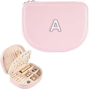 ProCase Personalized Travel Jewelry Case Organizer with Initial, Stocking Stuffers Monogrammed Small Jewelry Storage Box Christmas Gifts for Women Teen Girls -Letter A, Pink