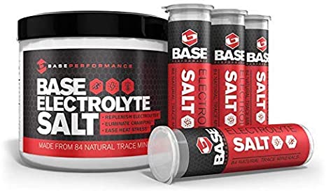 BASE Performance electrolyte salt, 226 Servings tub with 3 refillable race vials.