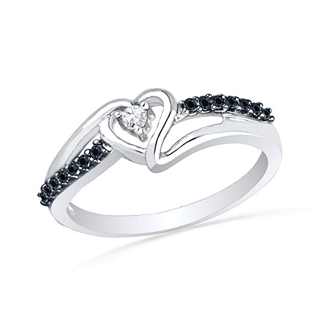 D-GOLD Sterling Silver Round Diamond Black And White Heart Promise Ring (1/10 cttw)
