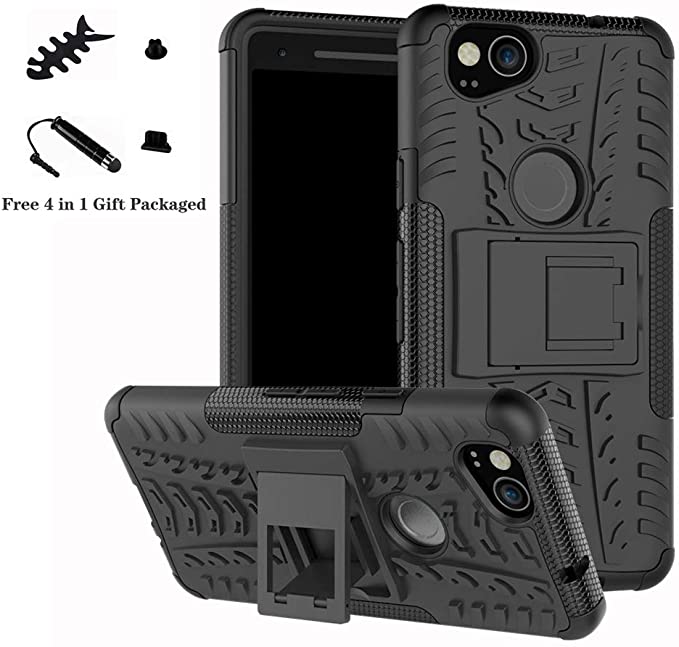 Google Pixel 2 case,LiuShan Shockproof Heavy Duty Combo Hybrid Rugged Dual Layer Grip Cover with Kickstand For Google Pixel 2 Smartphone (With 4in1 Packaged),Black