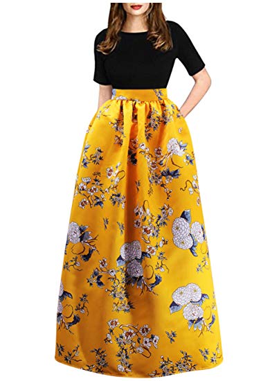 Aibearty Women Fashionable Elastic Floral Print High Waist Long Maxi Skirts with Pockets