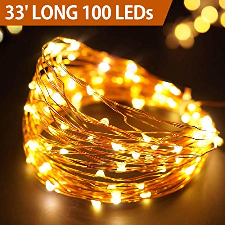Bright Zeal 33' Long Warm White Copper Wire LED Fairy Lights Battery Operated with Timer - Warm White LED Christmas String Lights Brown Wire Outdoor Waterproof - Christmas Tree Lights LED Warm White