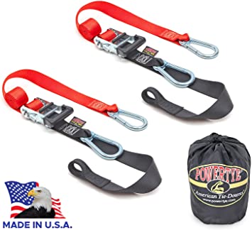 PowerTye 1½" x 6½ft Heavy-Duty Ratchet Tie-Downs, Made in USA with Soft-Tye and Carabiner Hooks   Storage Bag, Red/Black (pair)
