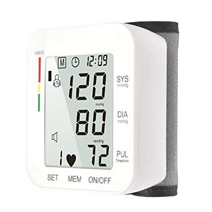 Automatic Wrist Blood Pressure Monitor Voice Broadcast High Blood Pressure Monitors Portable LCD Screen Irregular Heartbeat Monitor with Adjustable Cuff and Storage Case Powered by Battery -White