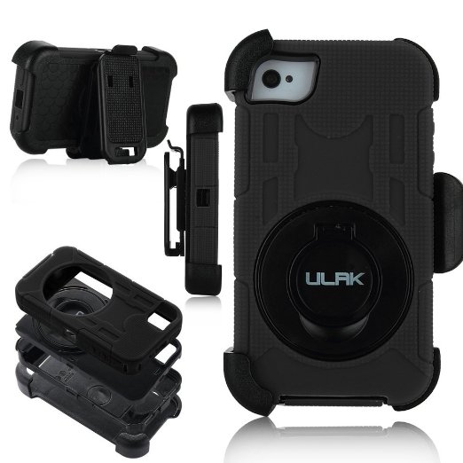 iPhone 4S Case,iPhone 4 Case,ULAK Heavy Duty Anti Slip 4S Cover Rugged Hybrid Rubber Shockproof Protection Hard Shell Case for iPhone 4 & iPhone 4S with Belt Clip Holster Kickstand (Black)