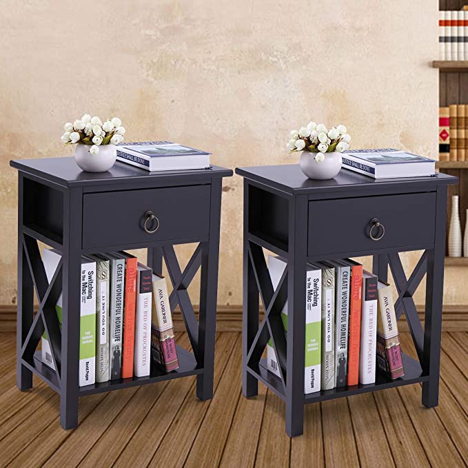 JAXPETY Set of 2 Nightstand Wooden Side End Table, Modern X-Shaped Night Stand Storage Shelf with Bin Drawer for Bedroom, Living Room, Office (Black)