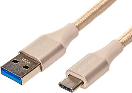 AmazonBasics Double Braided Nylon USB Type-C to Type-A 3.1 Gen 2 Charger Cable | 3 feet, Gold