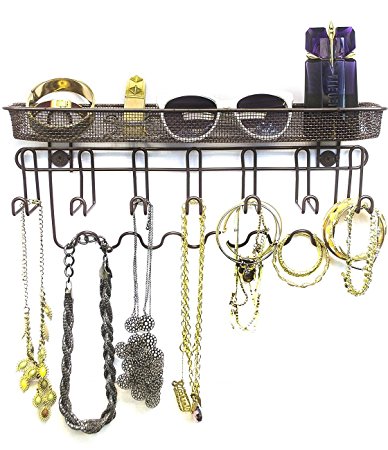 Sorbus Jewelry Organizer Holder, Mail & Key Rack, 13 Hook Wall Mounted Storage Shelf - Perfect for Jewelry, Accessories, Beauty Products, Mail, Keys, and Much More! (Bronze)