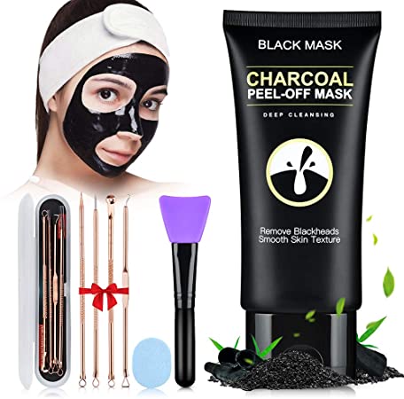 Blackhead Remover Mask, 4-IN-1 Kit Charcoal Face Mask with Applicator Brush Facial Cleansing Sponge Blackhead Extractor Kit, Purifying Peel Off Black Mask for Blackhead Acne Remove, Deep Cleansing and Pore Shrinking