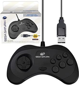 Retro-Bit Official Sega Saturn USB Controller Pad (Model 2) for Sega Genesis Mini, PS3, PC, Mac, Steam, Switch - USB Port - Black