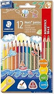 STAEDTLER Buntstift Noris jumbo, erhöhte Bruchfestigkeit, Dreikantform, ABS-System, attraktive Sternchenprägung, Bonuspack mit 12 brillanten Farben und einem Spitzer, 128 NC12P1