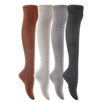 AATMart Women's 4 Pairs Over KNee-High Thigh High Cotton Socks Size 6-9