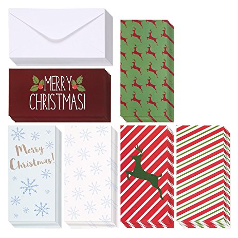 Christmas Money Greeting Cards - 36 Pack Assorted - 6 Winter Holiday Designs, Snowflakes, Stripes, Reindeer, Candy Canes, Mistletoe 3.5 x 7.25 Inches With Envelopes