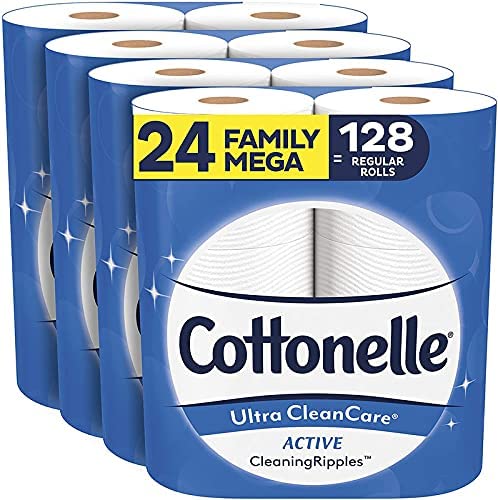 Ultra CleanCare Soft Toilet Paper with Active Cleaning Ripples, 24 Family Mega Rolls, Strong Bath Tissue (24 Family Mega Rolls = 128 Regular Rolls) New
