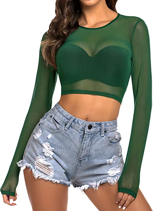 Avidlove Women Mesh Crop Top Long Sleeve See Through Shirt Sheer Blouse O Neck Clubwear S-4XL