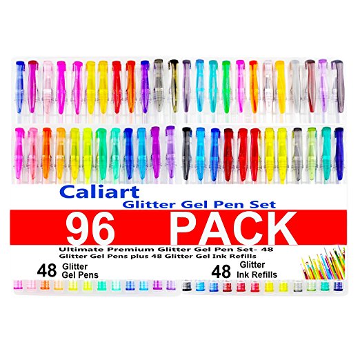 Caliart 96 Glitter Gel Pens Set Including 48 Glitter Pens & 48 Ink Refills for Adult Coloring Books Artist School Office Crafting Doodling Drawing Scrapbooking