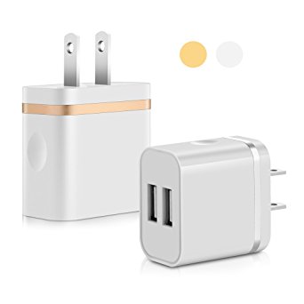 SEGMO® 5V/2.0Amp US Plug Dual USB Port 2 Ports Travel Wall Charger Easy Grip Home Power Adapter for iPhone 6S SE 5S iPad Mini 4 3 Samsung Galaxy Note 5 4 Motorola Nokia Sony HTC LG Huawei Xiaomi Mobile Phone (2Pack-(Gold/Silver))