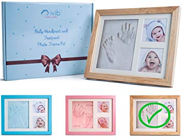 Baby Handprint & Footprint Photo Frame Kit - Premium Casting No Mold Clay - Box Ready for Boy Girls Baby Shower Gifts - Newborn Keepsake Personalized Picture Frames - Wall/table - Free Stamp Set- Wood