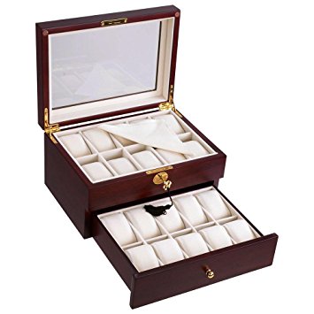 ReaseJoy 20 Slot Cherry Wood Watch Box Case with Lock & Key Glass Top Display Jewelry Collection Storage Organizer