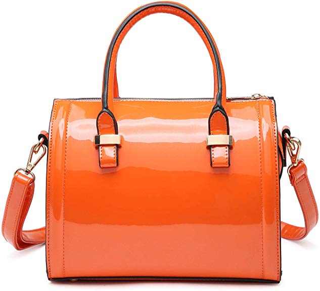 Shiny Patent Faux Leather Handbags Barrel Top Handle Satchel Bag Shoulder Bag for Women