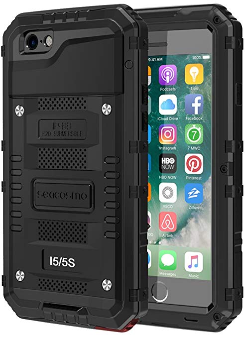 iPhone 5S Waterproof Case, Seacosmo Full Body Protective Shell with Built-in Screen Protector Military Grade Rugged Heavy Duty Case Cover for iPhone 5 / 5S / SE, Black