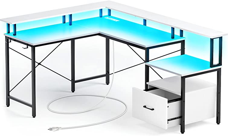 Rolanstar Computer Desk with Power Outlet & LED Strip and File Drawer, 68" Reversible L Shaped Computer Corner Desk with Printer Cabinet and Monitor Shelf, Modern Home Office Desk, Writing Desk,White