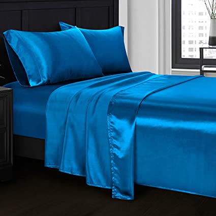Homiest 4pcs Satin Sheets Set Luxury Silky Satin Bedding Set with Deep Pocket, 1 Fitted Sheet   1 Flat Sheet   2 Pillowcases (Queen Size, Lake Blue)