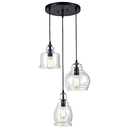 CLAXY Ecopower Vintage Kitchen Linear Island Glass Chandelier Pendant Lighting Fixture-3 Lights