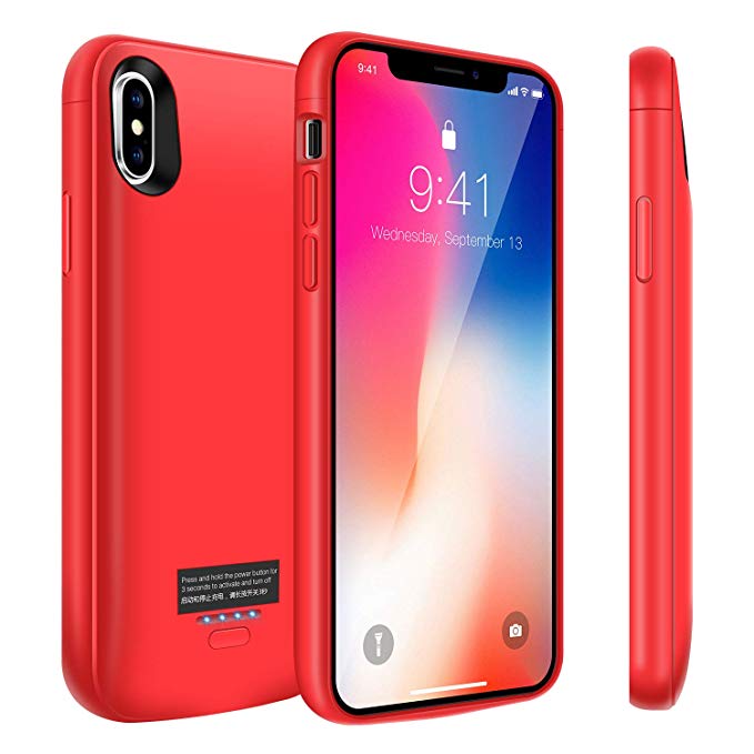 Battery Case for iPhone Xs/X, 4000mAh Portable Charger Case, Rechargeable Extended Battery Charging Case for iPhone Xs/X (5.8 inch), Compatible with Wire Headphones-Red